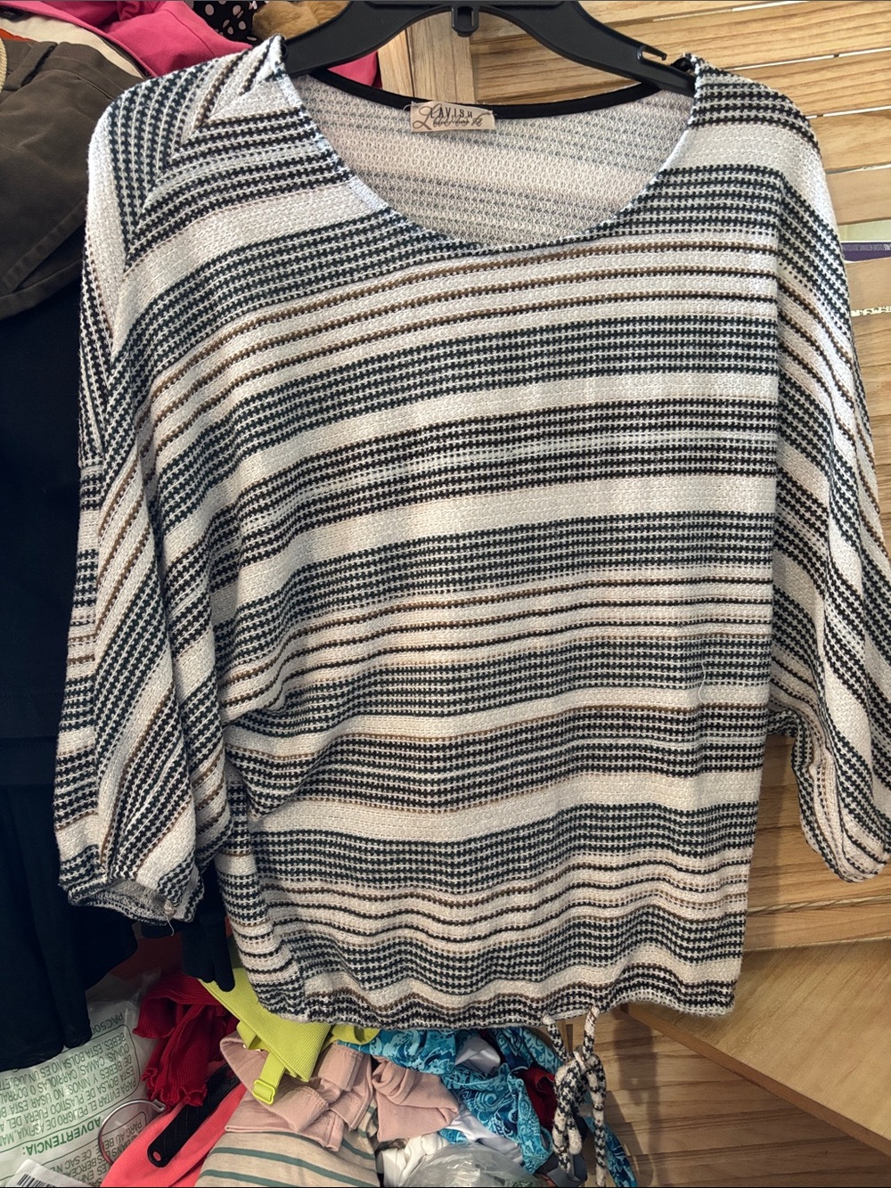 Striped Pullover Sweater in Black, White & Tan Large